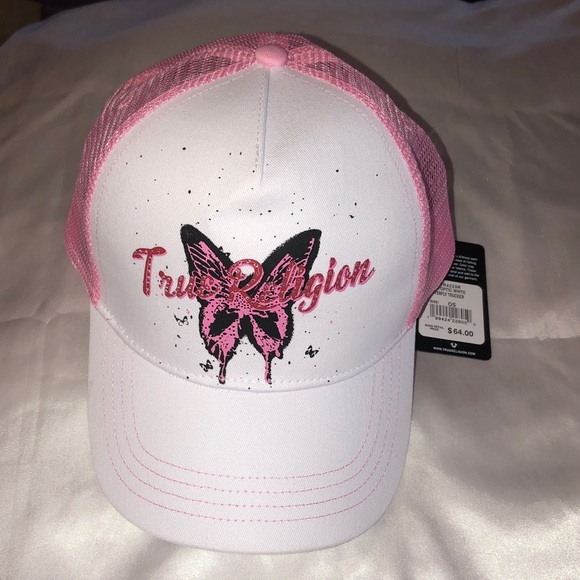 True Religion Optic White & Pink Mesh Butterfly Trucker Hat Rhinestone OS NWT